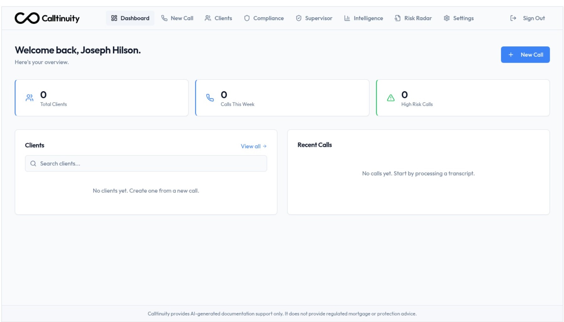 Adviser dashboard — workspace home with clients, recent calls, and the three numbers that matter