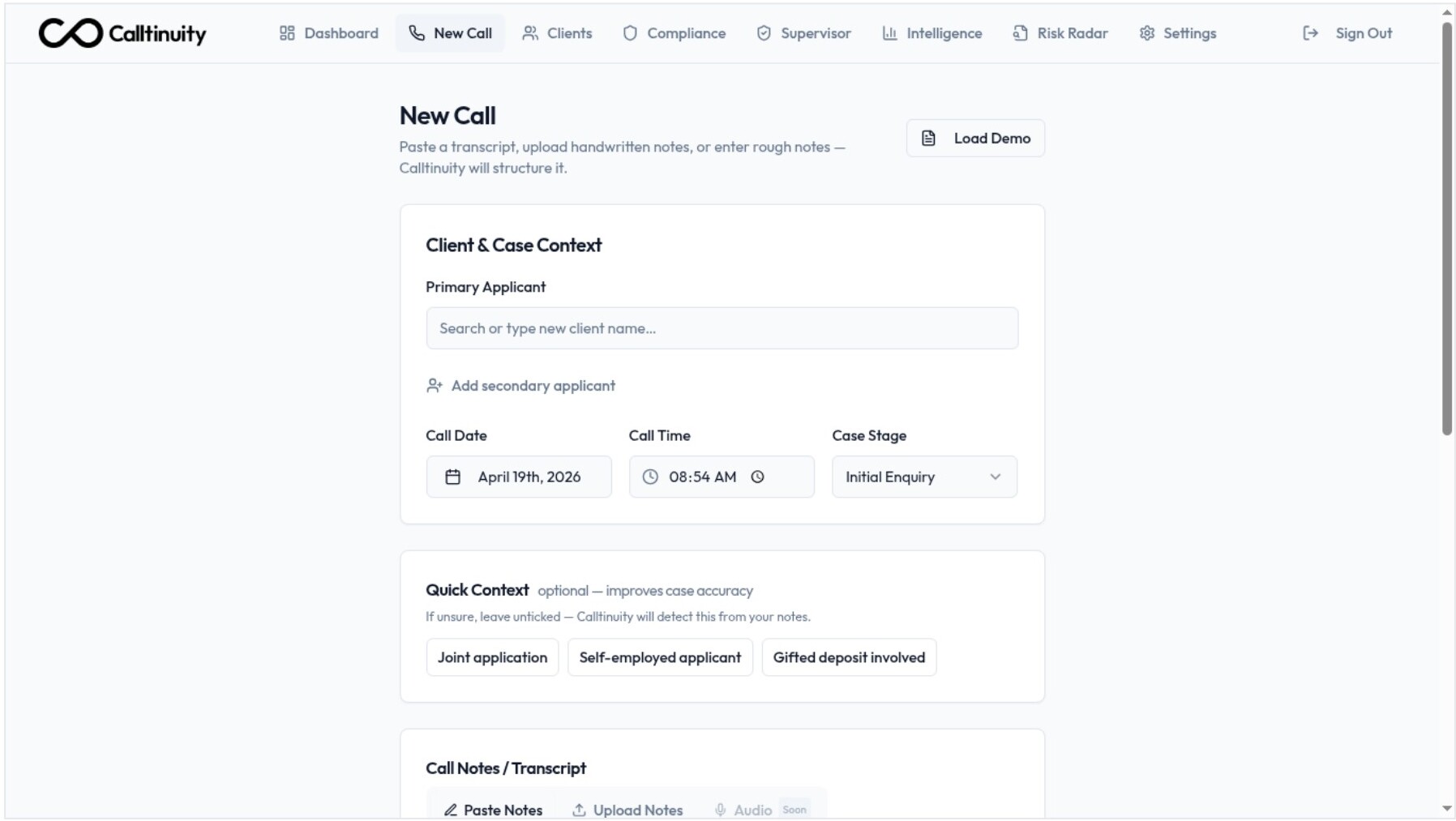 New Call — capture surface with client context, case stage, and quick context flags