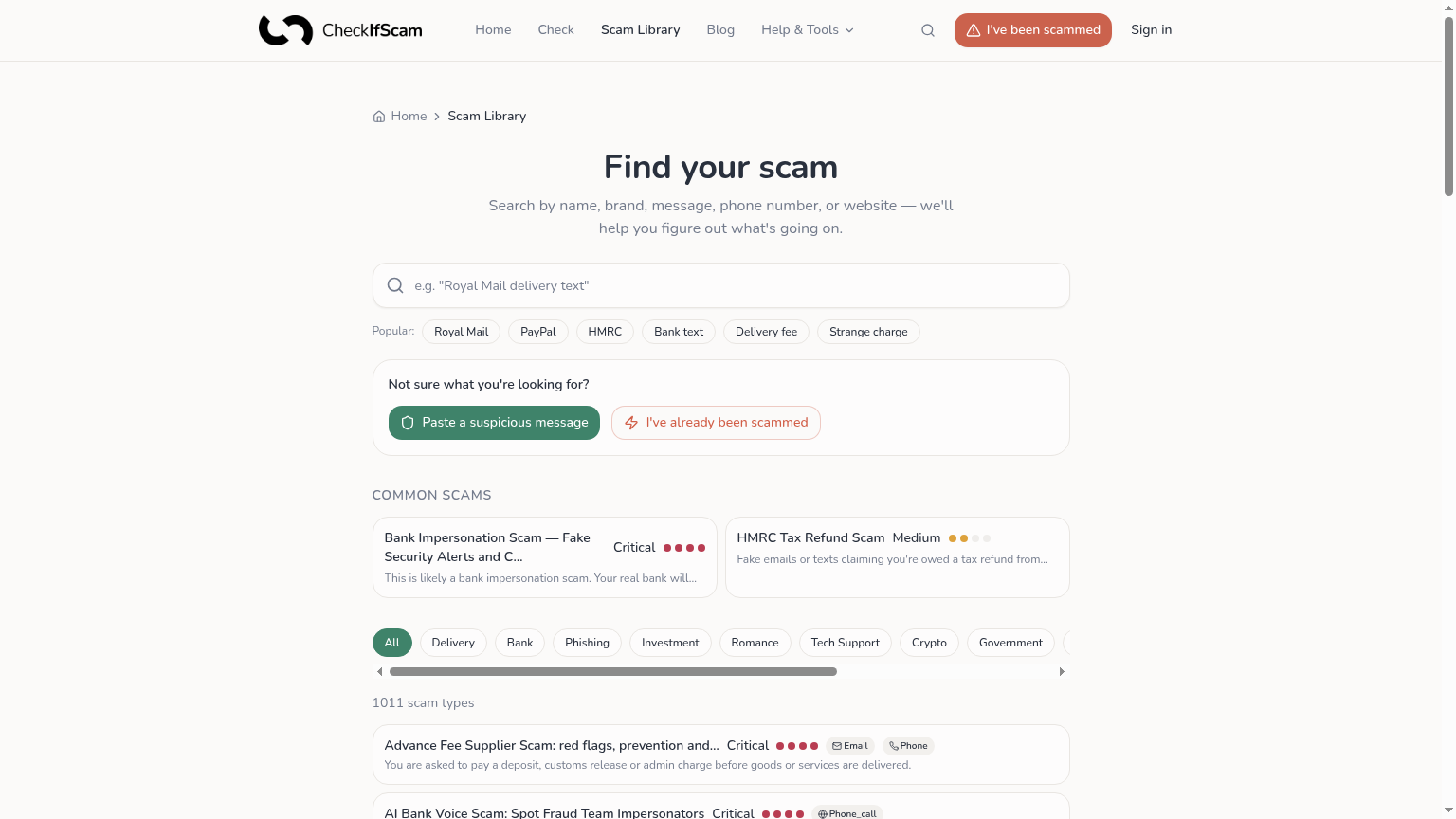Scam Library search interface