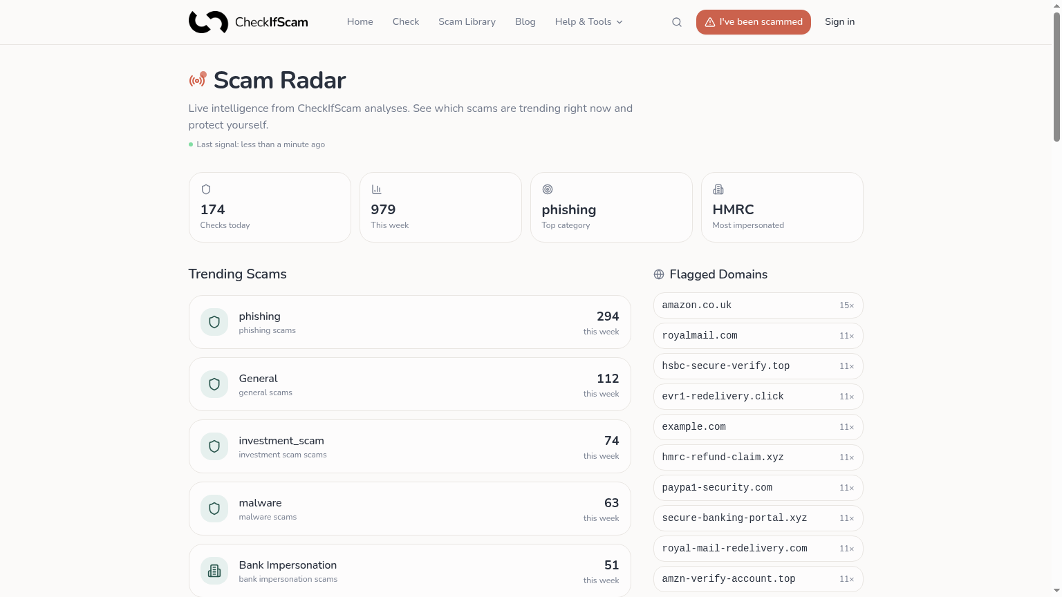 Live Scam Radar showing trending scams and flagged domains