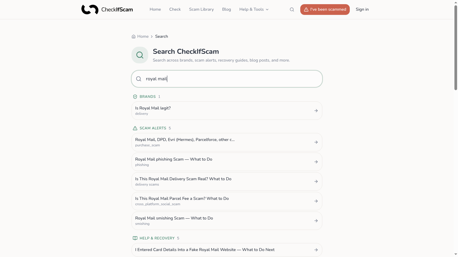 Global search across brands, scam alerts and recovery guides