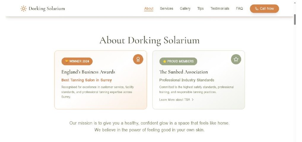 About section showing the England's Business Awards and Sunbed Association trust cards