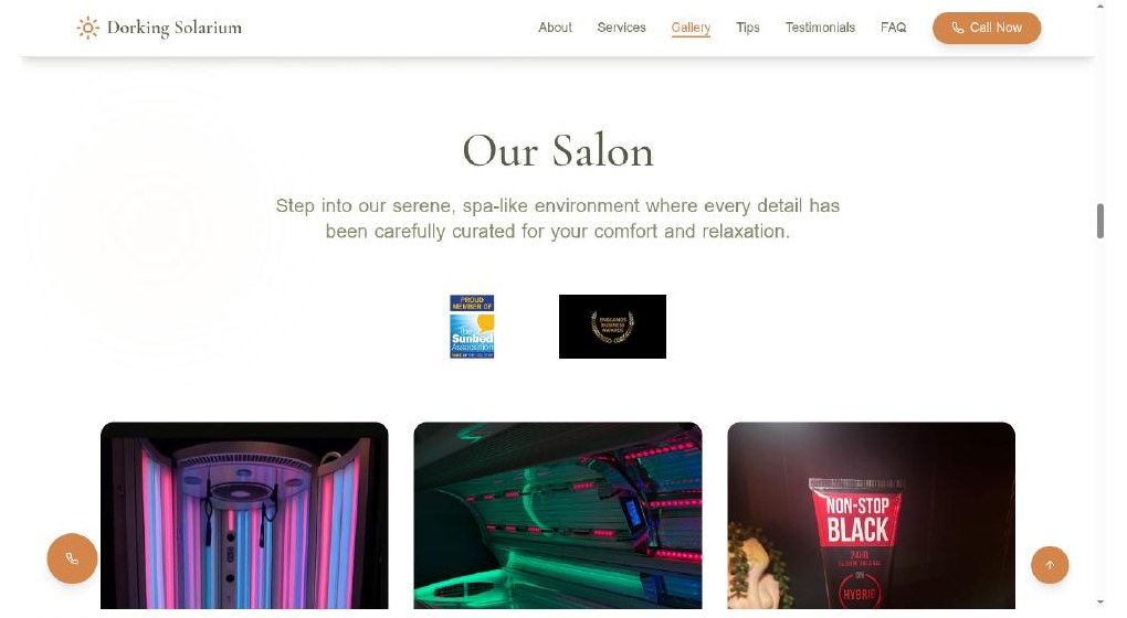 Salon gallery — three real photographs of the MegaSun beds and tanning products