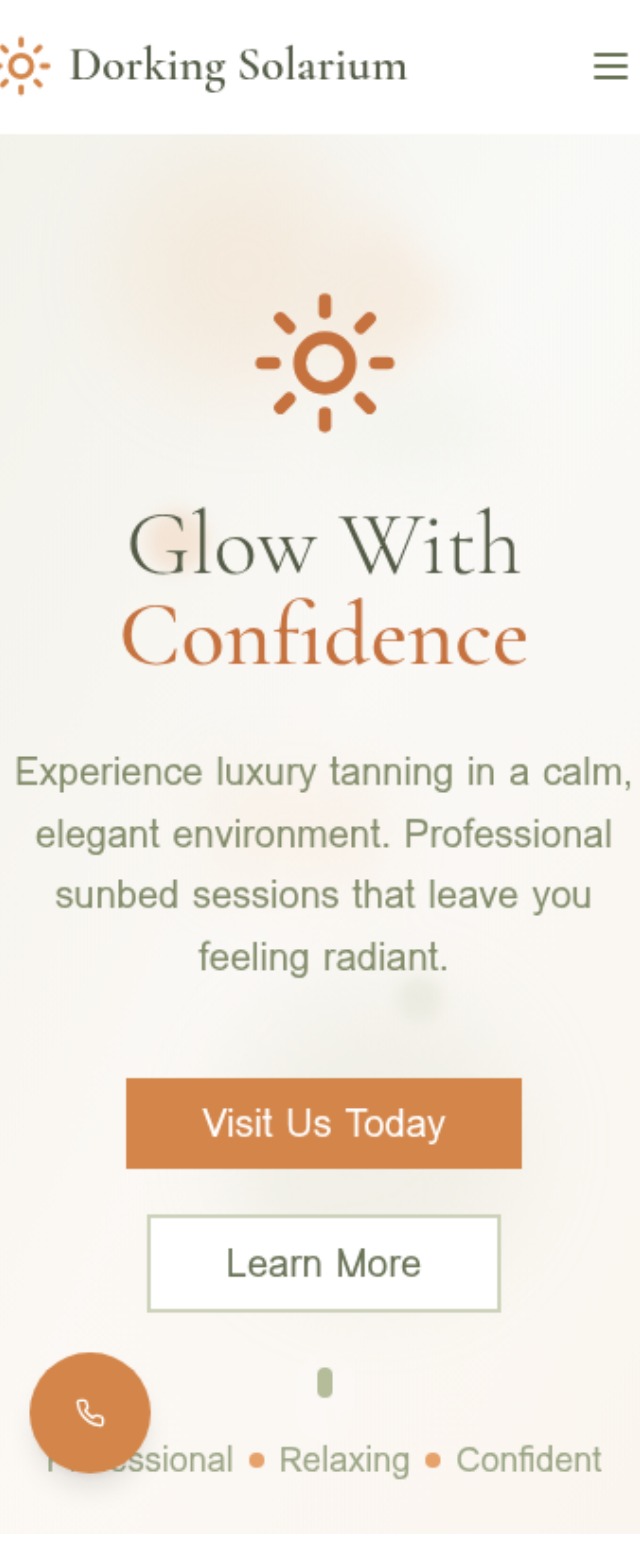 Mobile hero — 'Glow With Confidence' headline with persistent call button