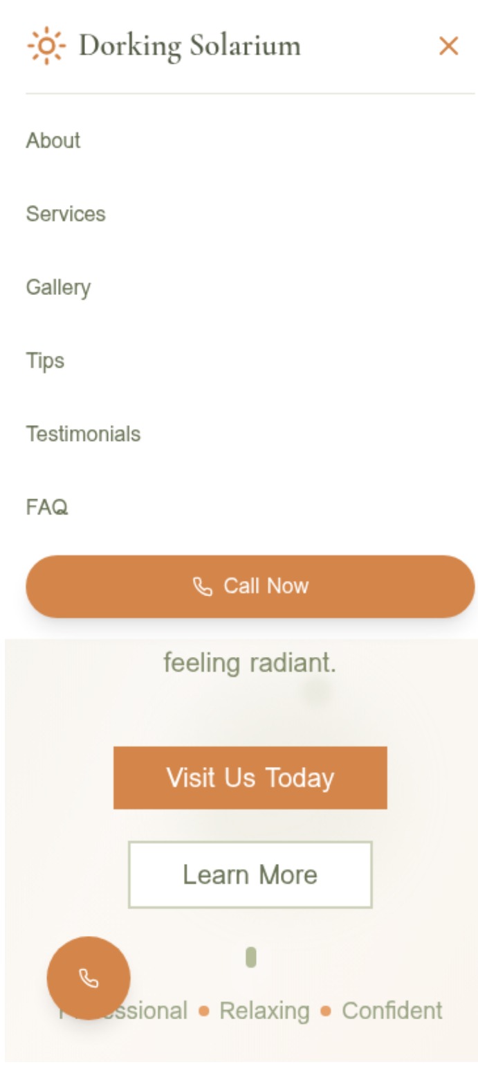 Mobile menu — six destinations and one persistent Call Now action
