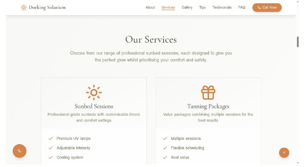 Services section with two symmetrical cards: Sunbed Sessions and Tanning Packages