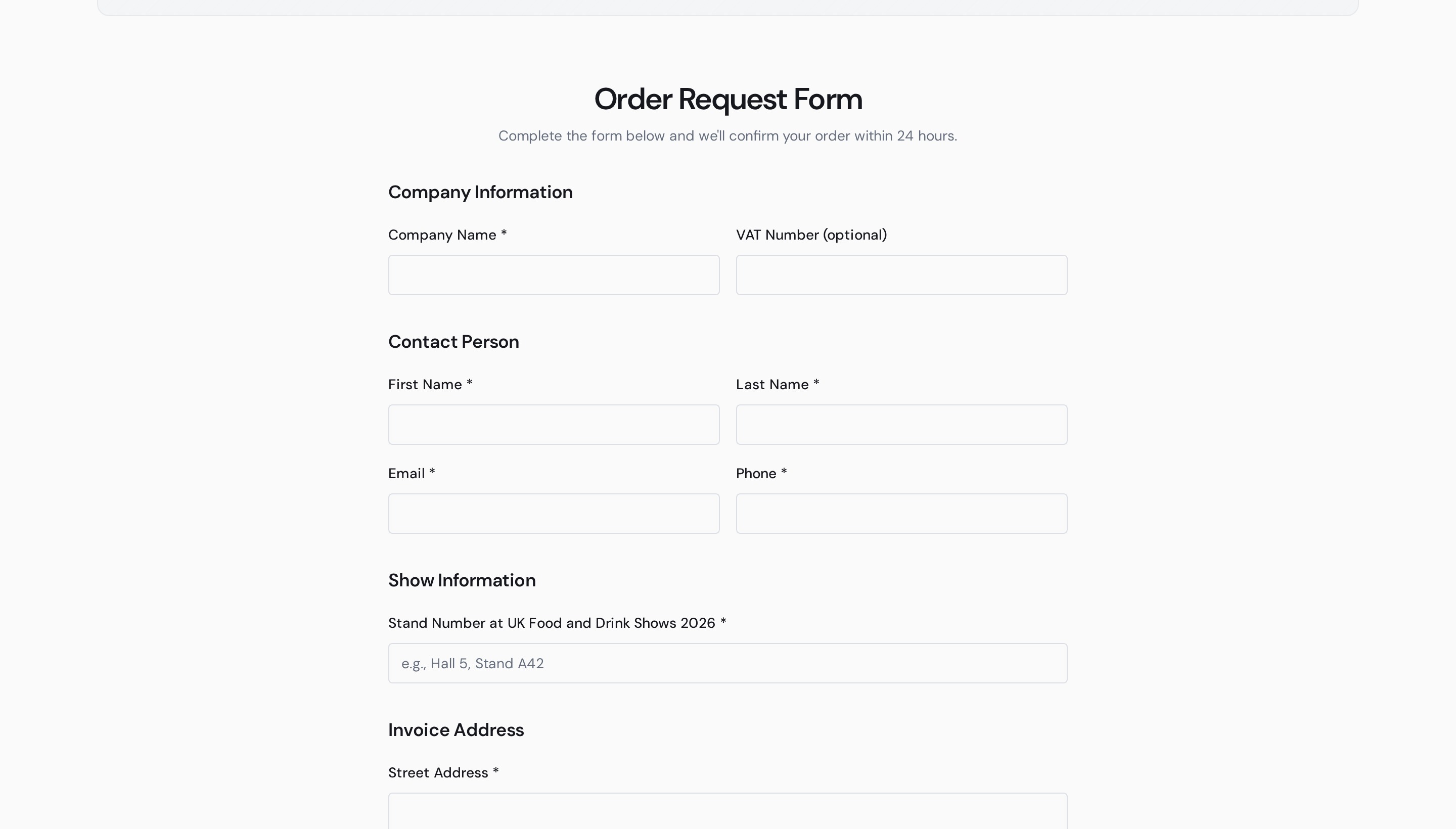 Embedded enquiry form — Company, Contact, Show information, Invoice address and Delivery contact