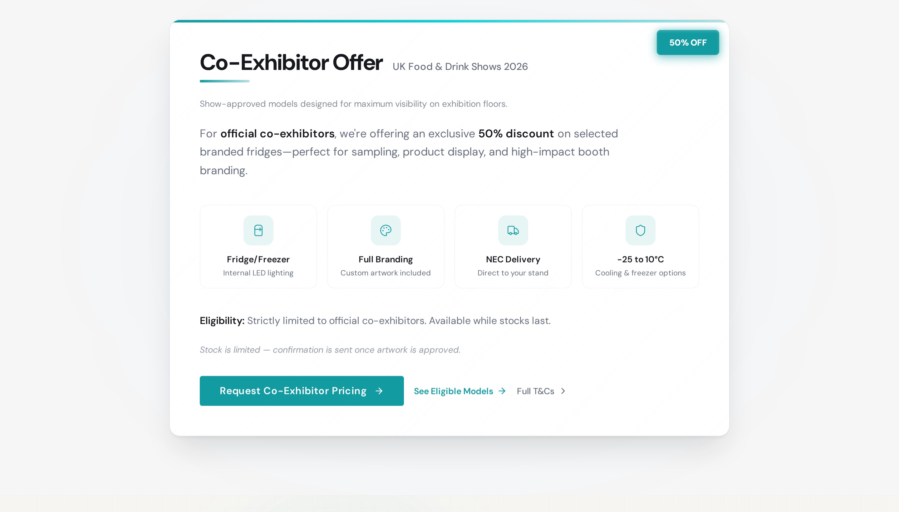 Co-Exhibitor Offer card — 50% off badge, what is included, eligibility, and a single primary CTA