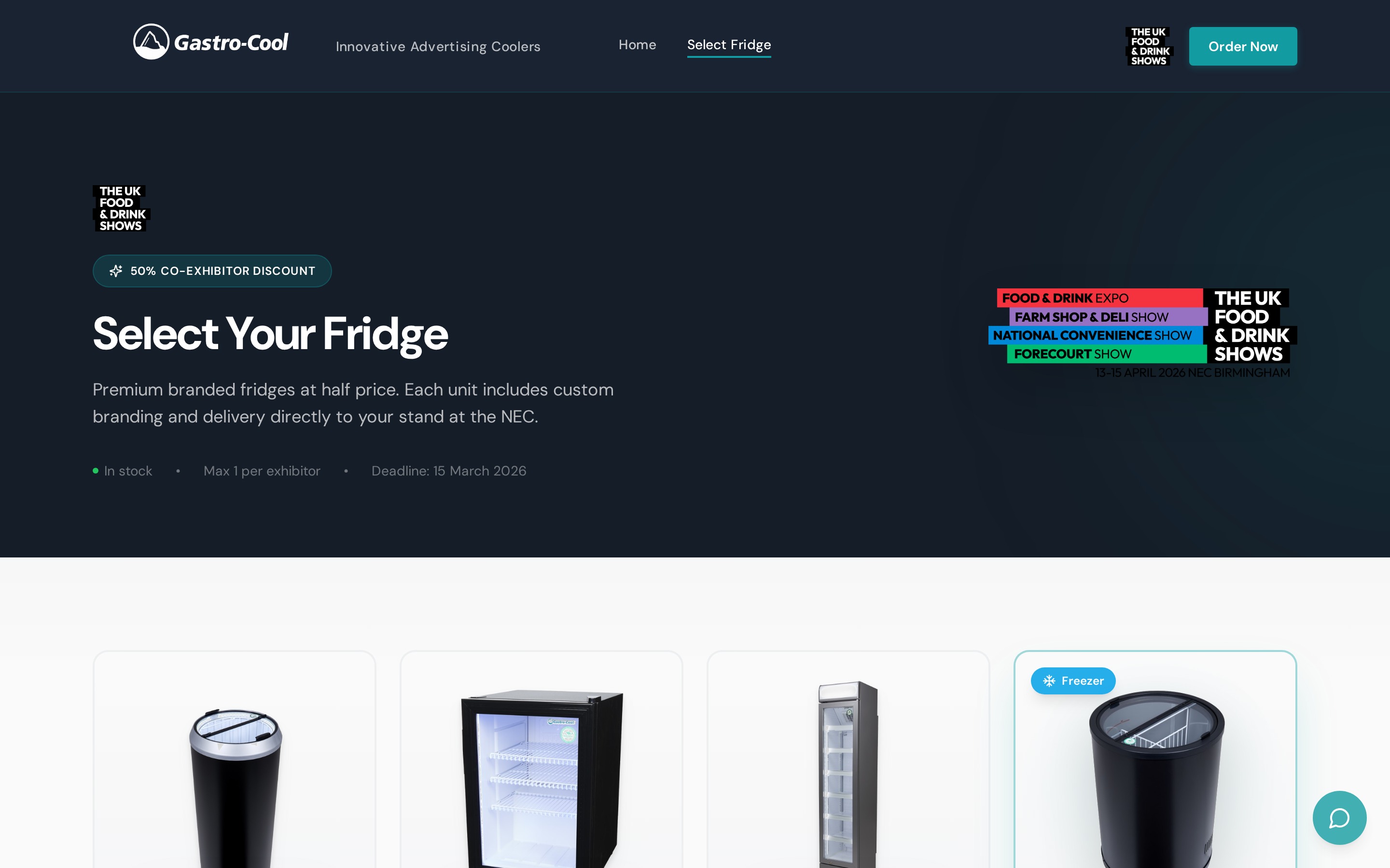 Select Fridge surface — four models with RRP versus co-exhibitor pricing, deadline and stock state stated upfront